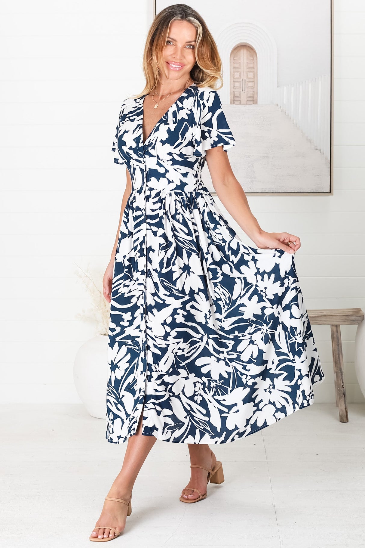 Nova Midi Dress - Flutter Cap Sleeve Tiered Button Down Dress with Pockets in Charis Print Blue