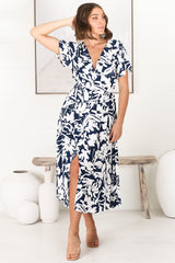 Anais Midi Dress - Cap Flutter Sleeve Button Down A Line Dress in Charis Print Blue