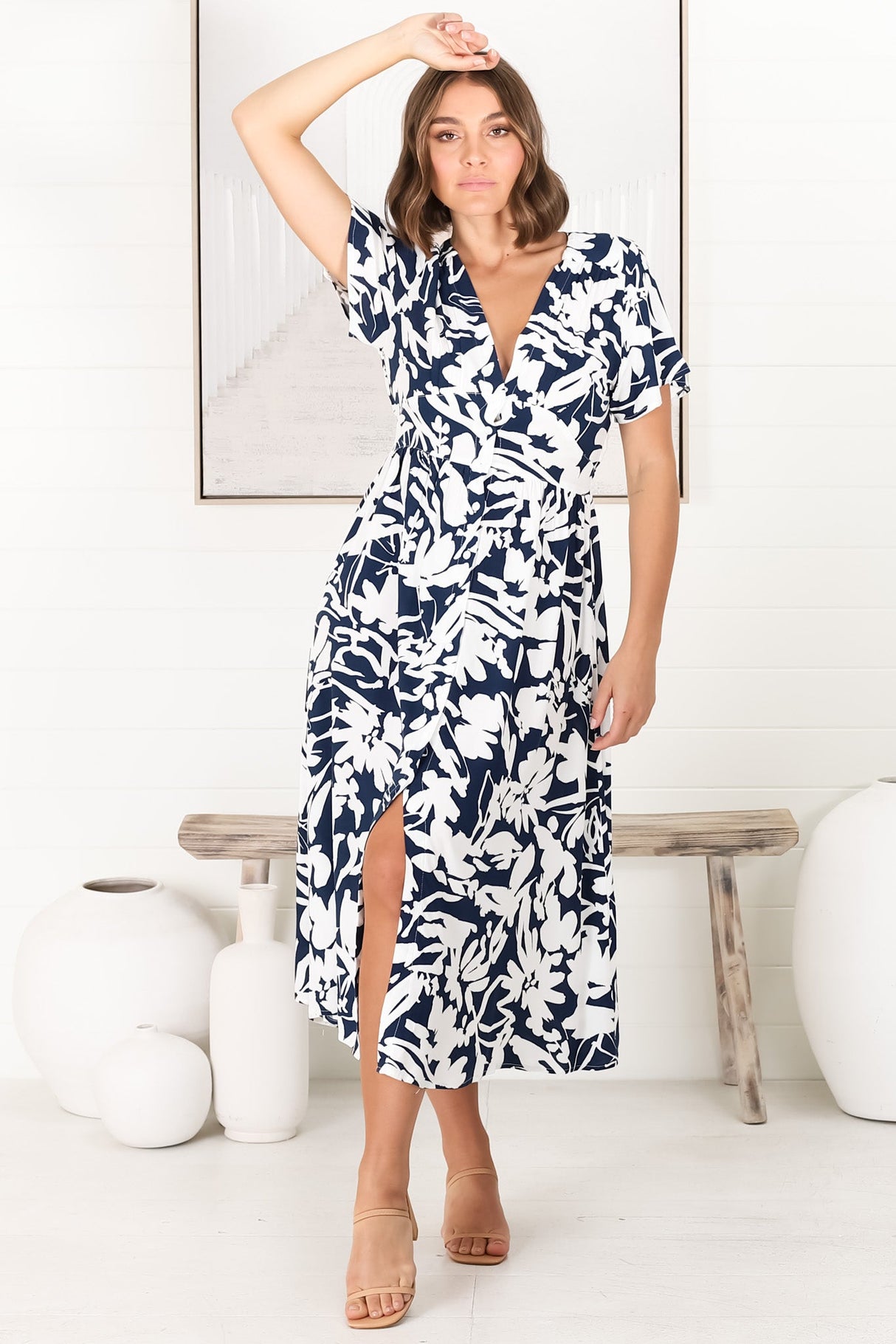 Anais Midi Dress - Cap Flutter Sleeve Button Down A Line Dress in Charis Print Blue