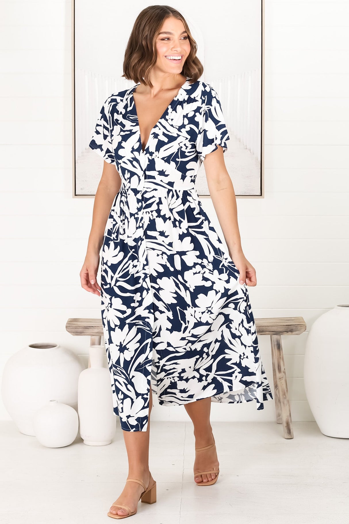 Anais Midi Dress - Cap Flutter Sleeve Button Down A Line Dress in Charis Print Blue