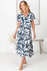 Nova Midi Dress - Flutter Cap Sleeve Tiered Button Down Dress with Pockets in Charis Print Blue