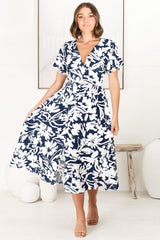 Anais Midi Dress - Cap Flutter Sleeve Button Down A Line Dress in Charis Print Blue