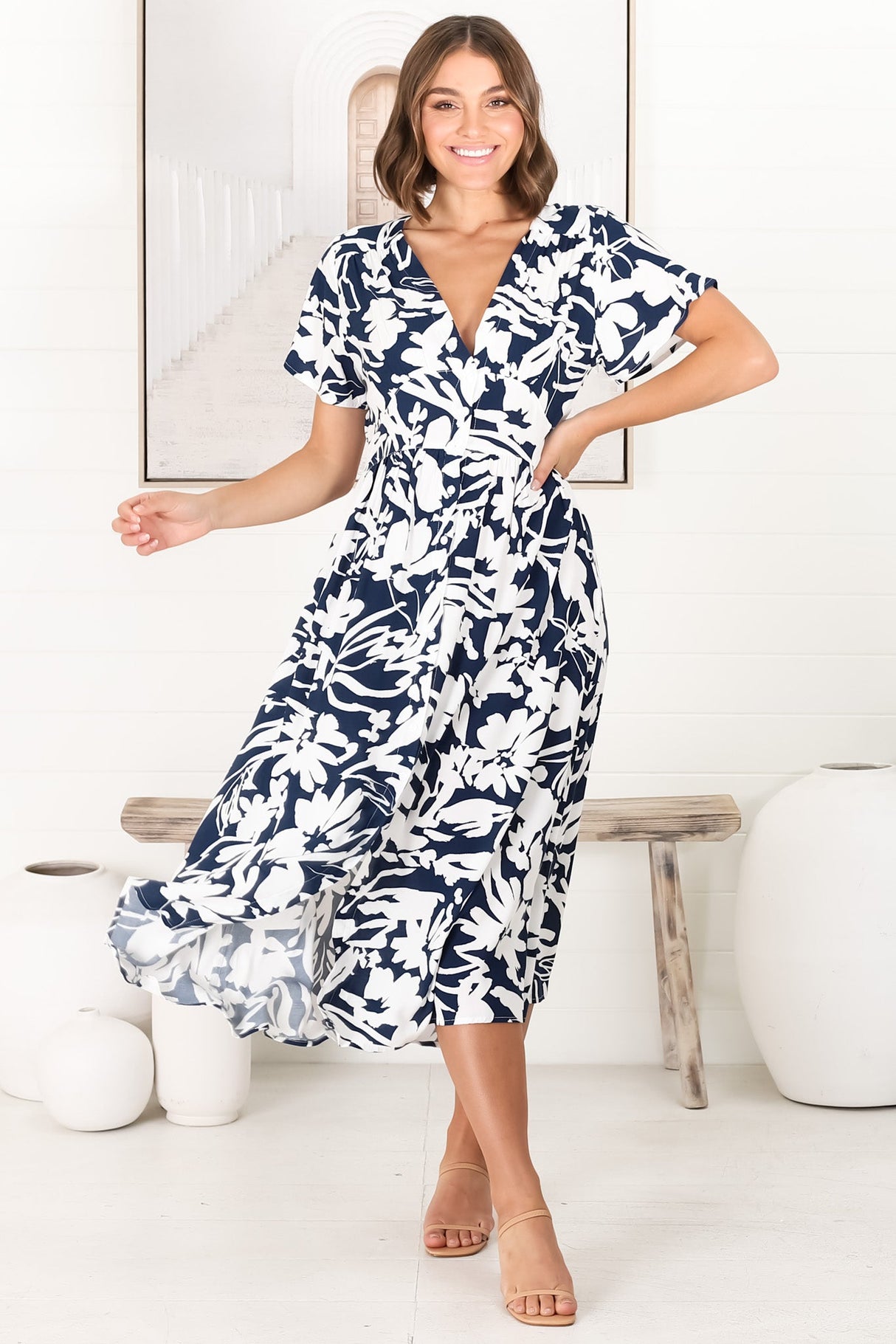 Anais Midi Dress - Cap Flutter Sleeve Button Down A Line Dress in Charis Print Blue