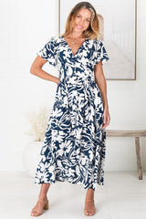 Nova Midi Dress - Flutter Cap Sleeve Tiered Button Down Dress with Pockets in Charis Print Blue