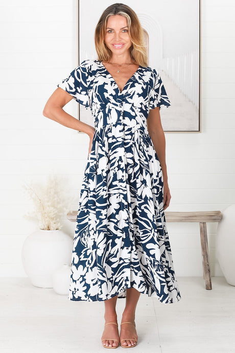 Nova Midi Dress - Flutter Cap Sleeve Tiered Button Down Dress with Pockets in Charis Print Blue