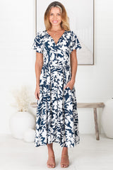 Nova Midi Dress - Flutter Cap Sleeve Tiered Button Down Dress with Pockets in Charis Print Blue