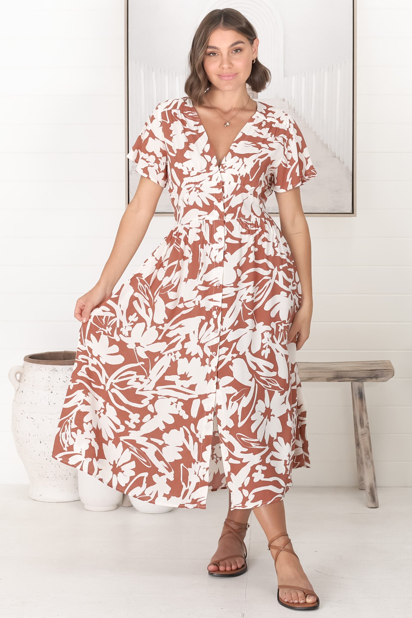 Anais Midi Dress - Cap Flutter Sleeve Button Down A Line Dress in Charis Print Rust