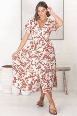 Anais Midi Dress - Cap Flutter Sleeve Button Down A Line Dress in Charis Print Rust