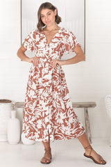 Anais Midi Dress - Cap Flutter Sleeve Button Down A Line Dress in Charis Print Rust