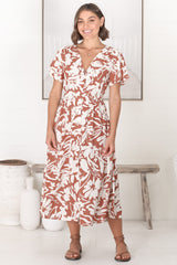 Anais Midi Dress - Cap Flutter Sleeve Button Down A Line Dress in Charis Print Rust