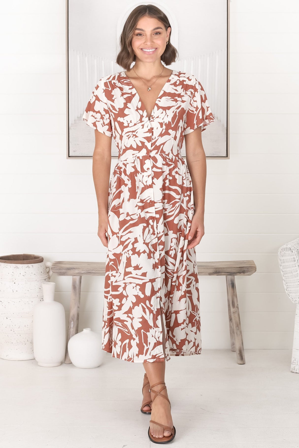 Anais Midi Dress - Cap Flutter Sleeve Button Down A Line Dress in Charis Print Rust