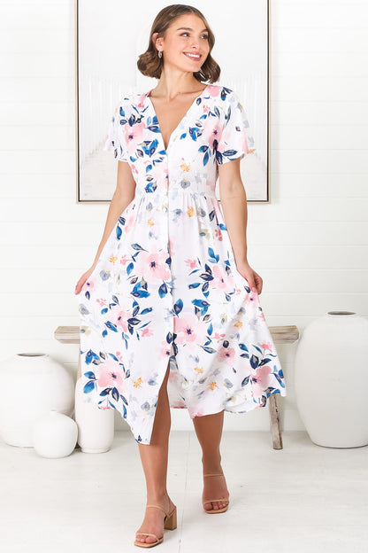 Anais Midi Dress - Cap Flutter Sleeve Button Down A Line Dress in Teagan Print