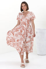 Anais Midi Dress - Cap Flutter Sleeve Button Down A Line Dress in Havanna Print Cream