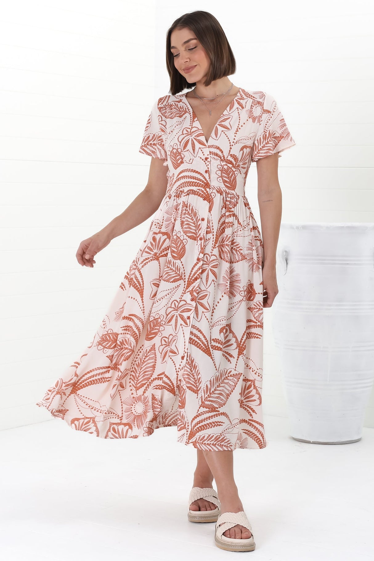 Anais Midi Dress - Cap Flutter Sleeve Button Down A Line Dress in Havanna Print Cream