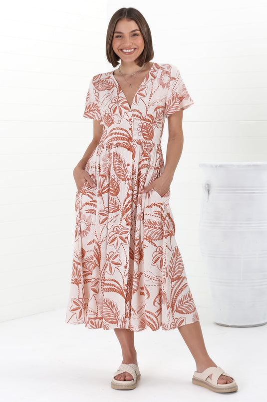 Anais Midi Dress - Cap Flutter Sleeve Button Down A Line Dress in Havanna Print Cream