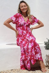 Anais Midi Dress - Cap Flutter Sleeve Button Down A Line Dress in Kimberly Print