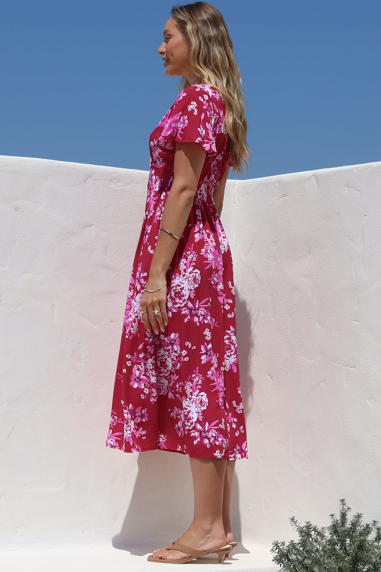 Anais Midi Dress - Cap Flutter Sleeve Button Down A Line Dress in Kimberly Print