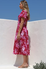 Anais Midi Dress - Cap Flutter Sleeve Button Down A Line Dress in Kimberly Print