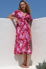 Anais Midi Dress - Cap Flutter Sleeve Button Down A Line Dress in Kimberly Print
