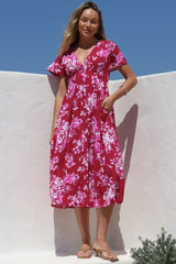 Anais Midi Dress - Cap Flutter Sleeve Button Down A Line Dress in Kimberly Print