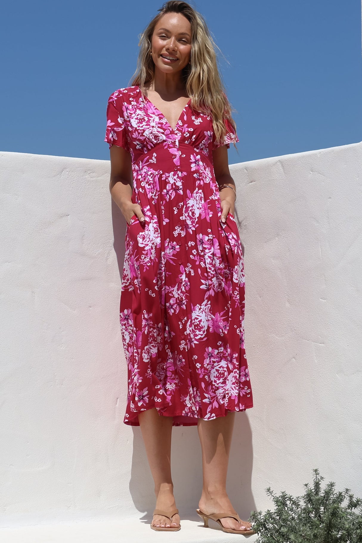 Anais Midi Dress - Cap Flutter Sleeve Button Down A Line Dress in Kimberly Print