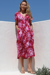 Anais Midi Dress - Cap Flutter Sleeve Button Down A Line Dress in Kimberly Print