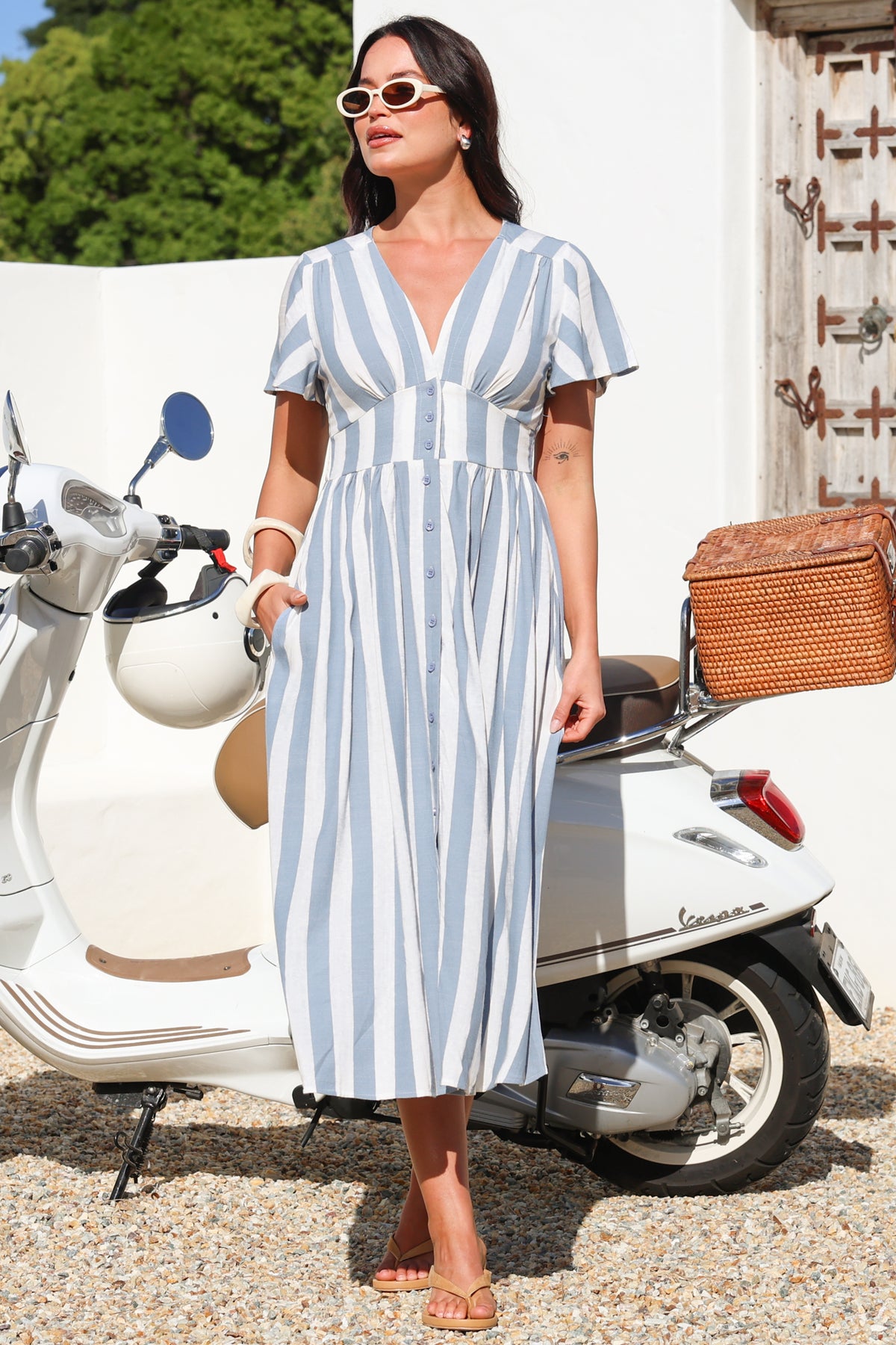 Anais Midi Dress - Cap Flutter Sleeve Button Down A Line Dress in Seely Print Blue