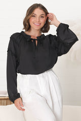 Analia Blouse - Pullover Blouse With Frill Collar And Neck Tie In Black