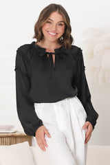 Analia Blouse - Pullover Blouse With Frill Collar And Neck Tie In Black