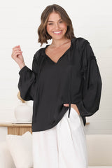 Analia Blouse - Pullover Blouse With Frill Collar And Neck Tie In Black