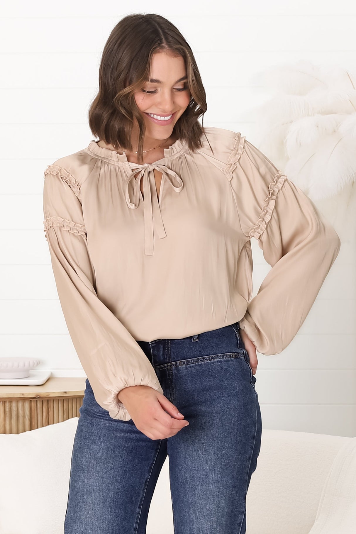 Analia Blouse - Frill Collar Relaxed Satin Look Blouse In Cream