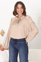 Analia Blouse - Frill Collar Relaxed Satin Look Blouse In Cream