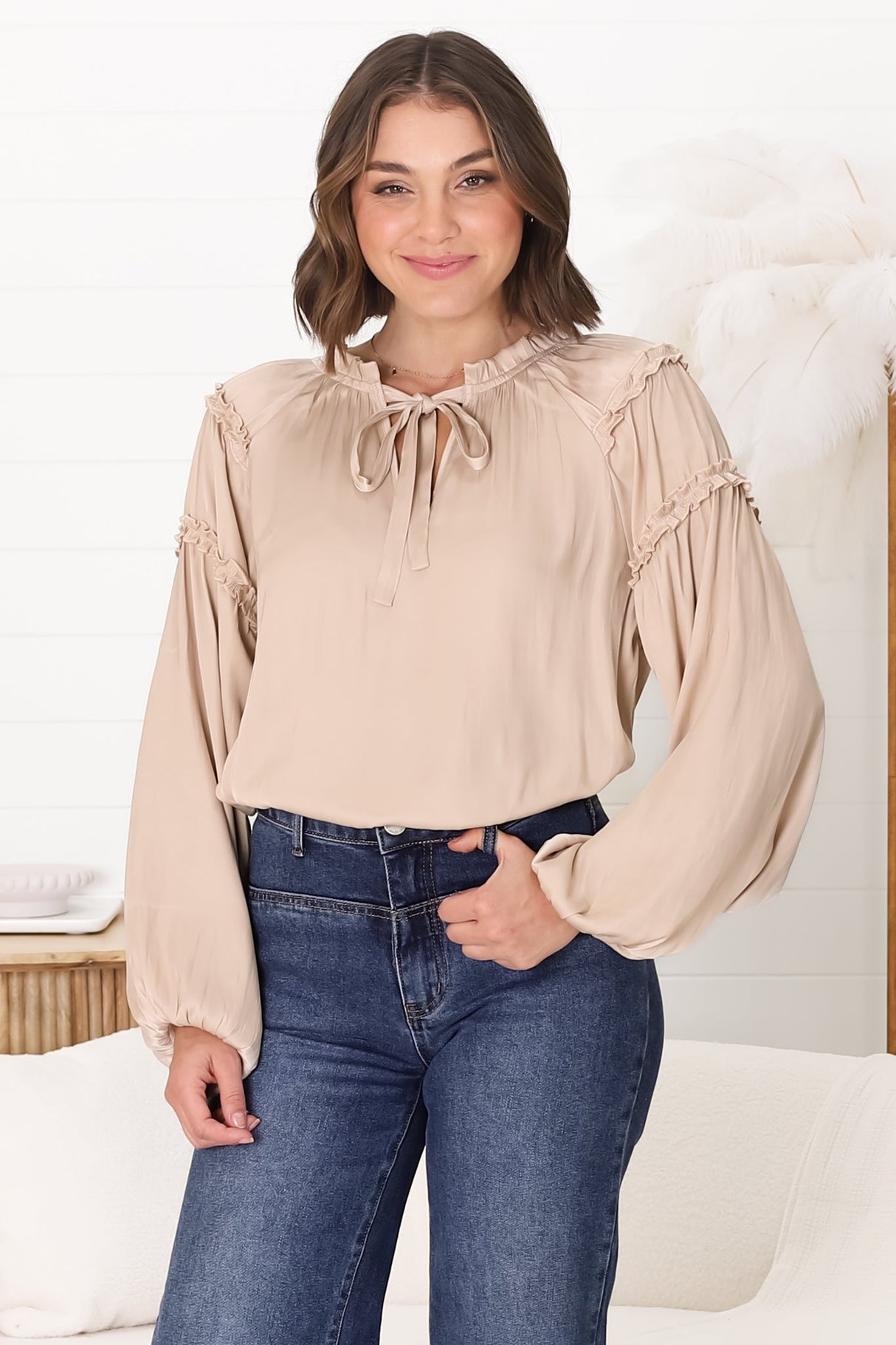 Analia Blouse - Frill Collar Relaxed Satin Look Blouse In Cream