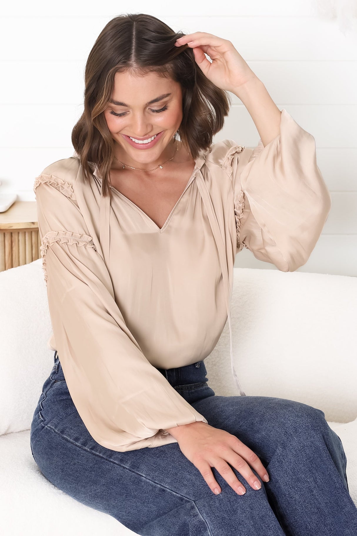 Analia Blouse - Frill Collar Relaxed Satin Look Blouse In Cream