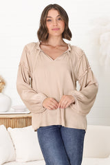 Analia Blouse - Frill Collar Relaxed Satin Look Blouse In Cream