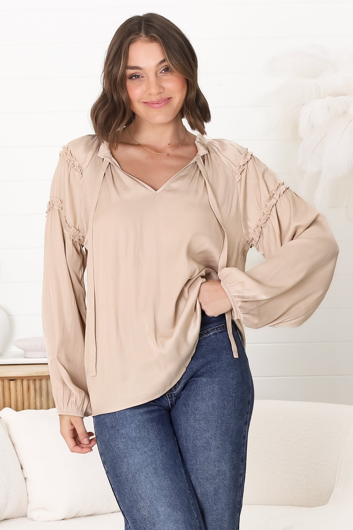 Analia Blouse - Frill Collar Relaxed Satin Look Blouse In Cream