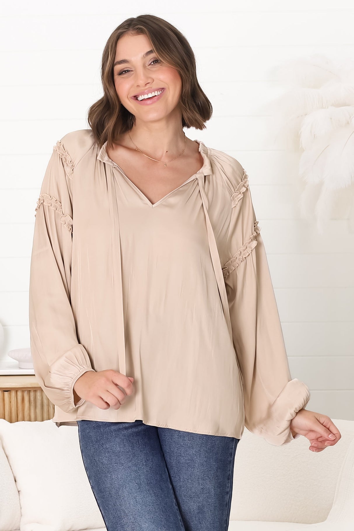 Analia Blouse - Frill Collar Relaxed Satin Look Blouse In Cream