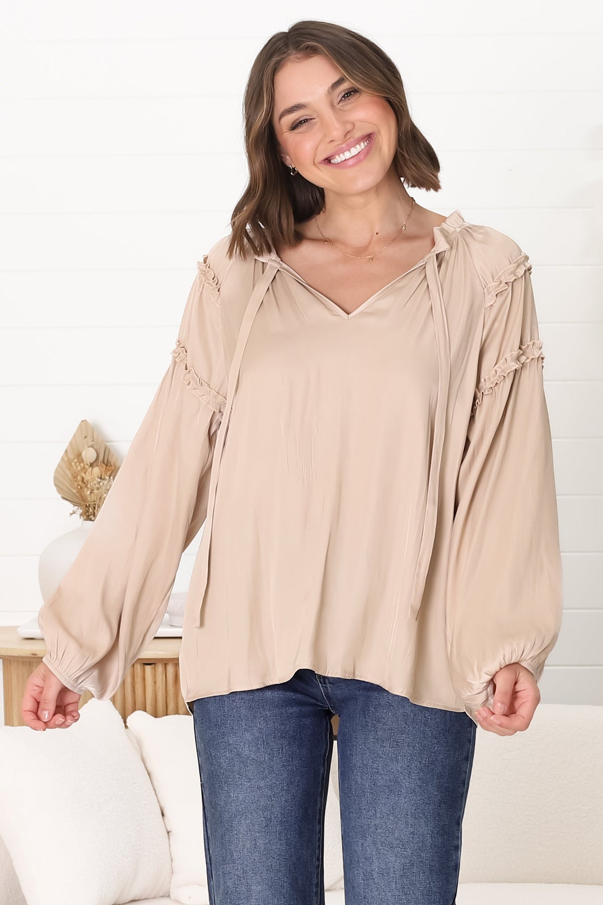 Analia Blouse - Frill Collar Relaxed Satin Look Blouse In Cream