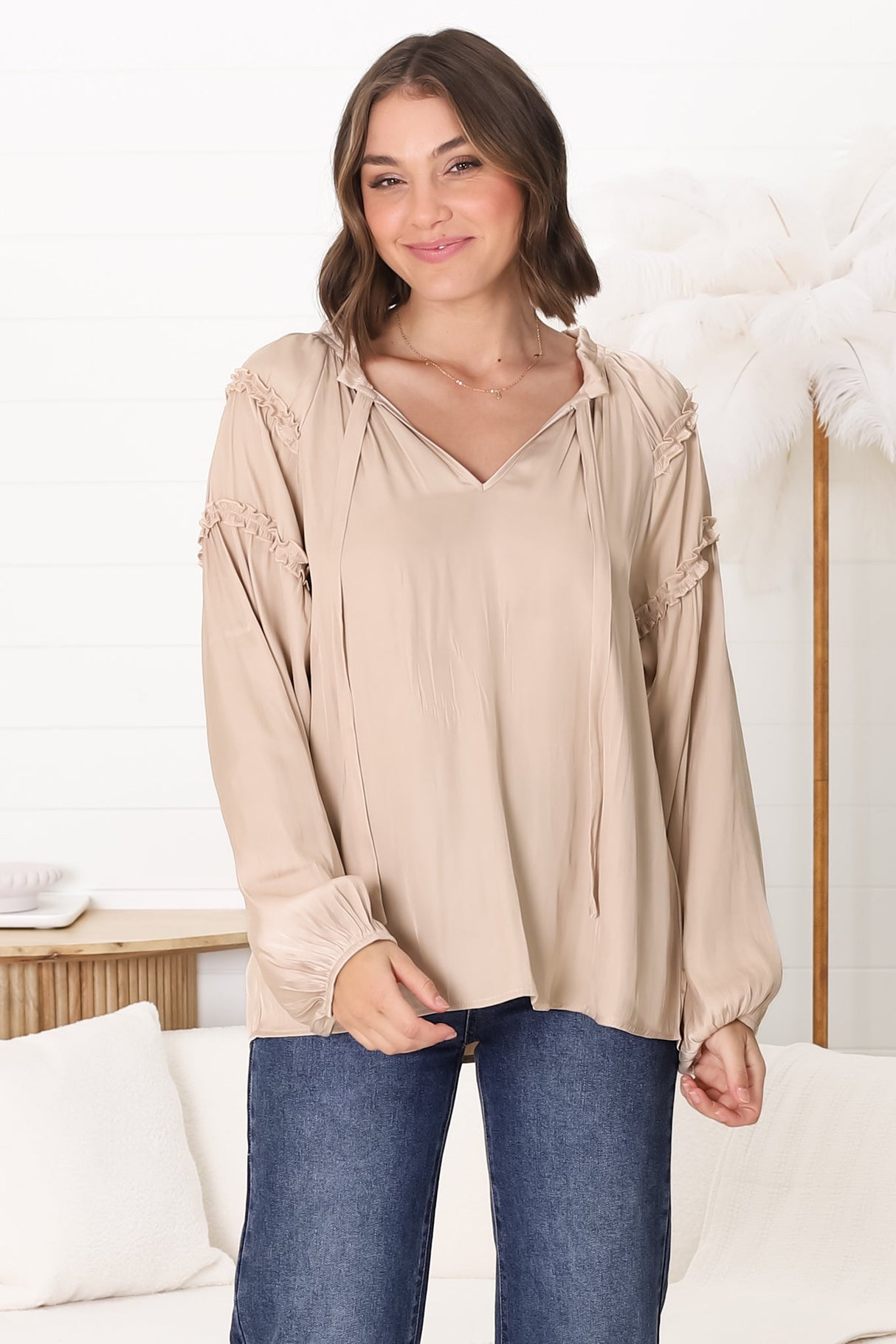 Analia Blouse - Frill Collar Relaxed Satin Look Blouse In Cream