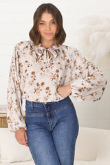 Analia Blouse - Pullover Blouse with Frill Collar and Neck Tie in Ledah Print