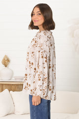 Analia Blouse - Pullover Blouse with Frill Collar and Neck Tie in Ledah Print