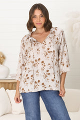 Analia Blouse - Pullover Blouse with Frill Collar and Neck Tie in Ledah Print