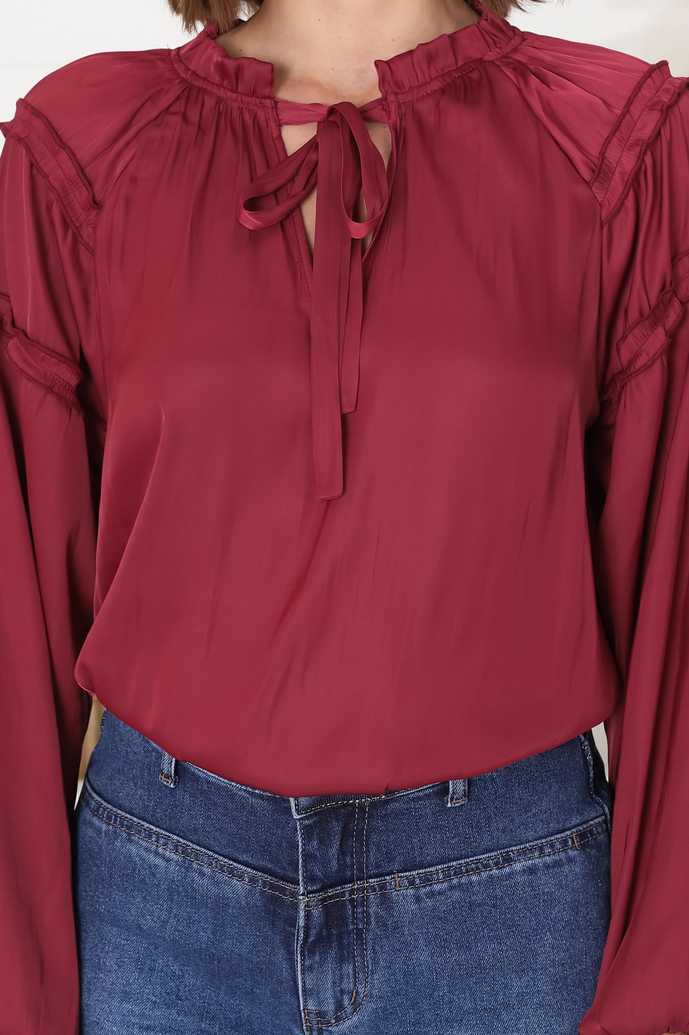 Analia Blouse - Frill Collar Relaxed Satin Look Blouse in Wine