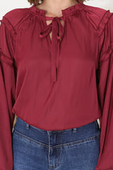 Analia Blouse - Frill Collar Relaxed Satin Look Blouse in Wine