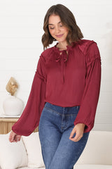 Analia Blouse - Frill Collar Relaxed Satin Look Blouse in Wine