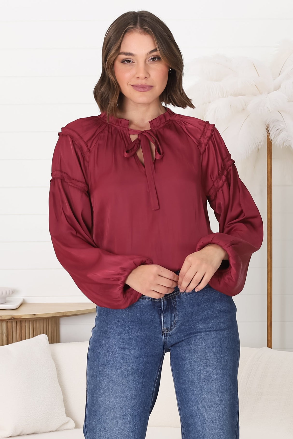 Analia Blouse - Frill Collar Relaxed Satin Look Blouse in Wine