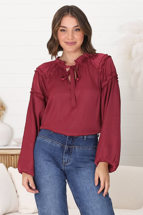 Analia Blouse - Frill Collar Relaxed Satin Look Blouse in Wine