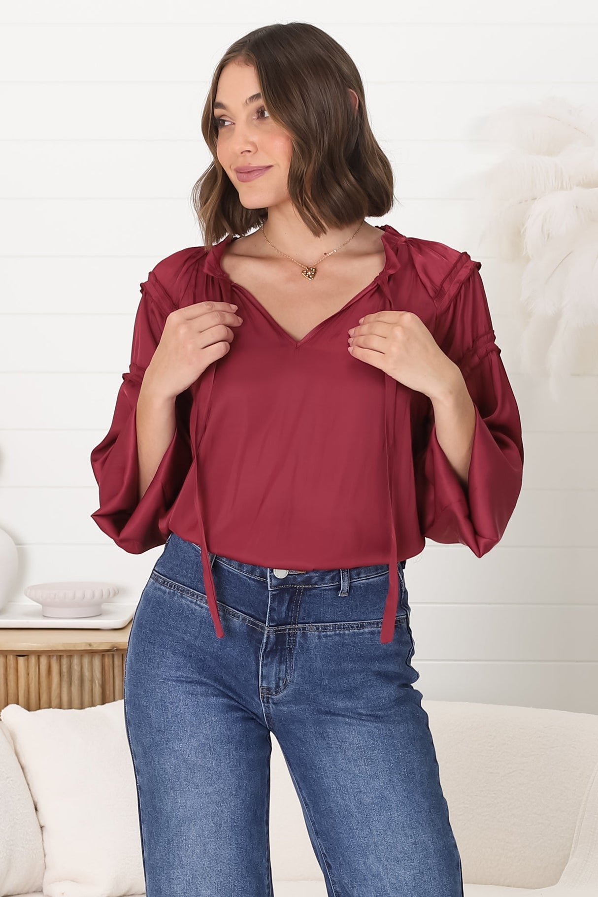 Analia Blouse - Frill Collar Relaxed Satin Look Blouse in Wine