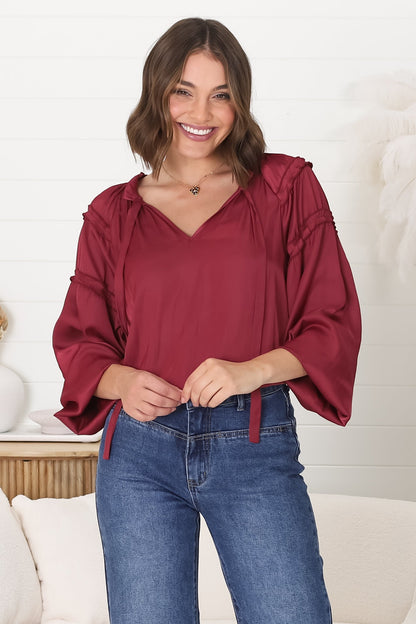 Analia Blouse - Frill Collar Relaxed Satin Look Blouse in Wine