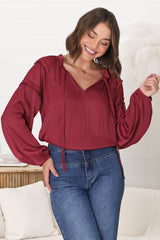 Analia Blouse - Frill Collar Relaxed Satin Look Blouse in Wine